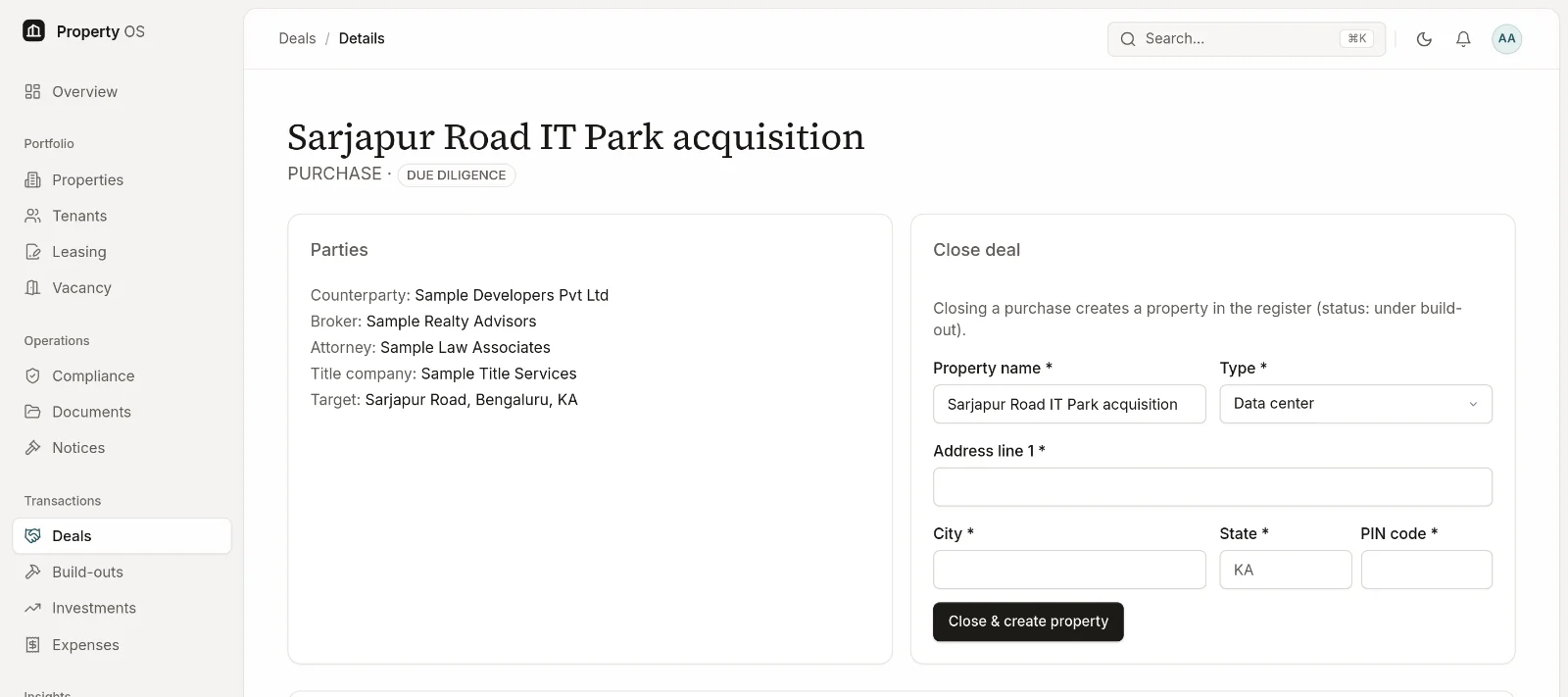 Purchase deal record in due diligence showing counterparty, broker, attorney and title company, beside the form that closes the deal and creates the property.