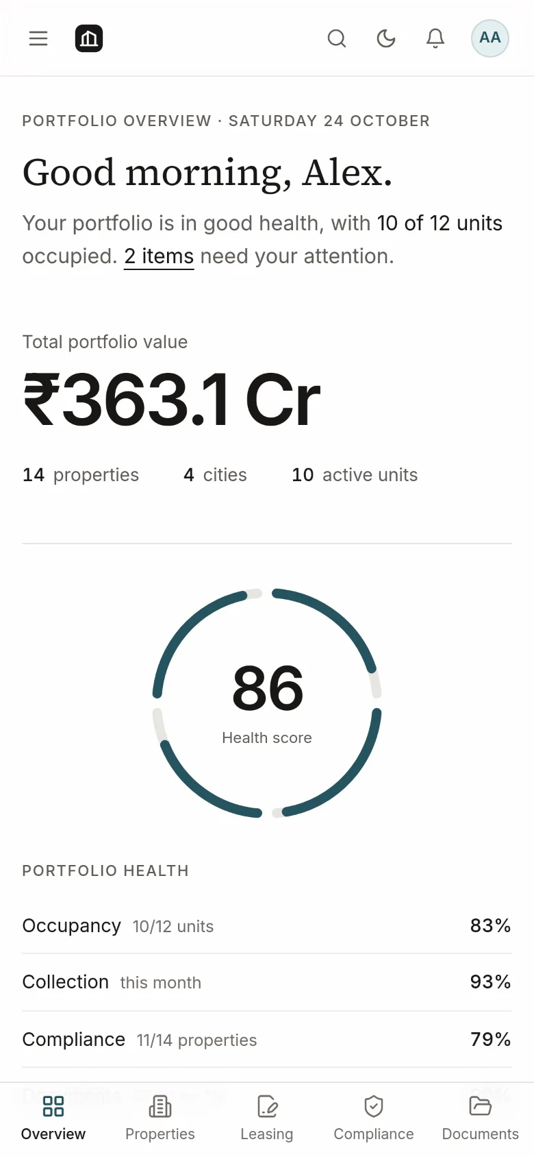 Property OS dashboard on a phone: total portfolio value of ₹363.1 Cr, a health score of 86 and occupancy, collection and compliance figures.