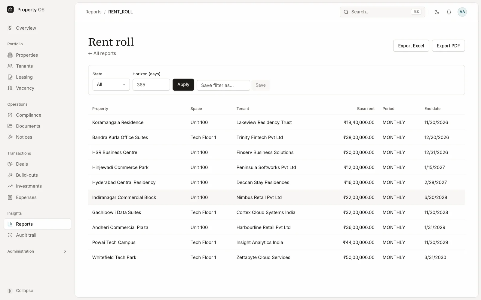 Rent roll report listing active leases with property, space, tenant, base rent, period and end date, with export controls.
